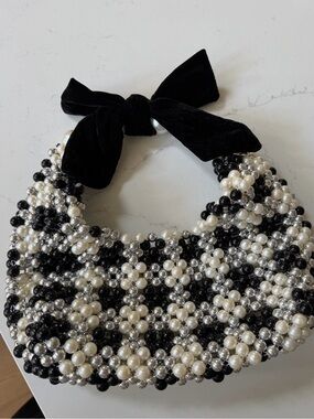Black & Pearl Beaded Bow Handle Handbag
